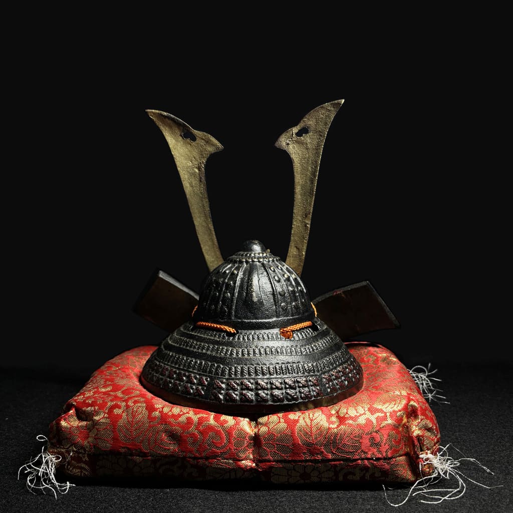 Samurai Helmet Display with Golden Horns