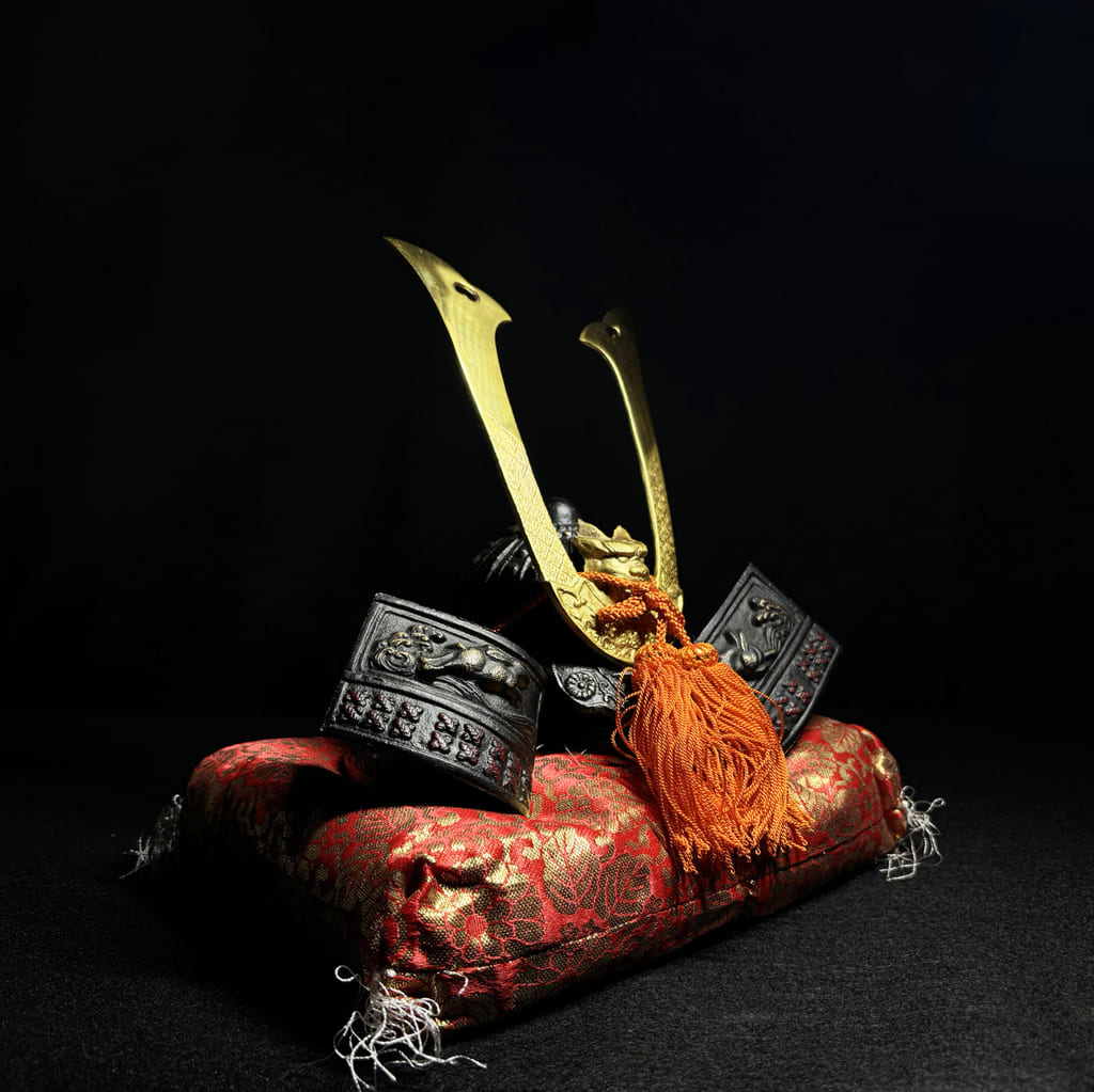 Samurai Helmet Display with Golden Horns