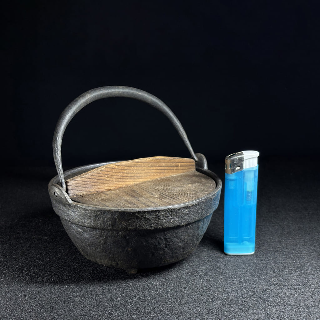 Small Japanese Iron Pot with Wooden Lid
