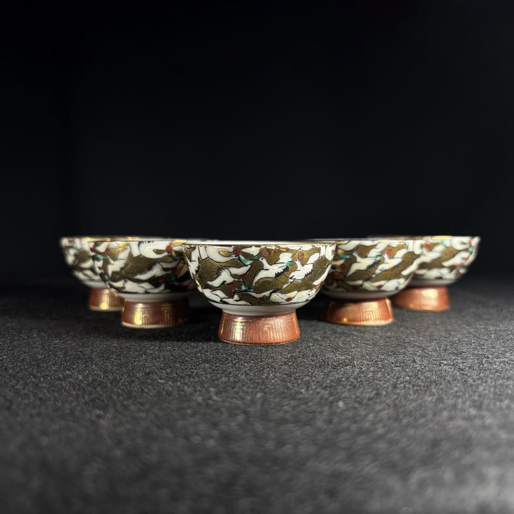 Japanese Sake Set with Gold Crane Design|2 Bottles & 5 Cups