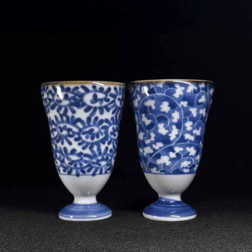 Blue Floral Pedestal Cups – Vintage Kyoto Pair
