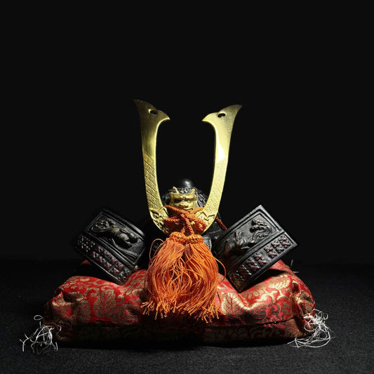 Samurai Helmet Display with Golden Horns