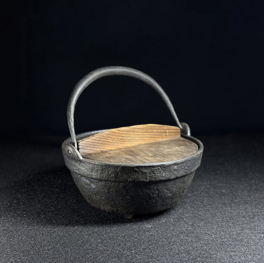 Small Japanese Iron Pot with Wooden Lid