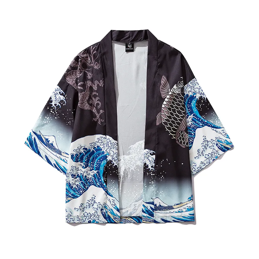 Koi Wave Kimono Men's Jacket - Black